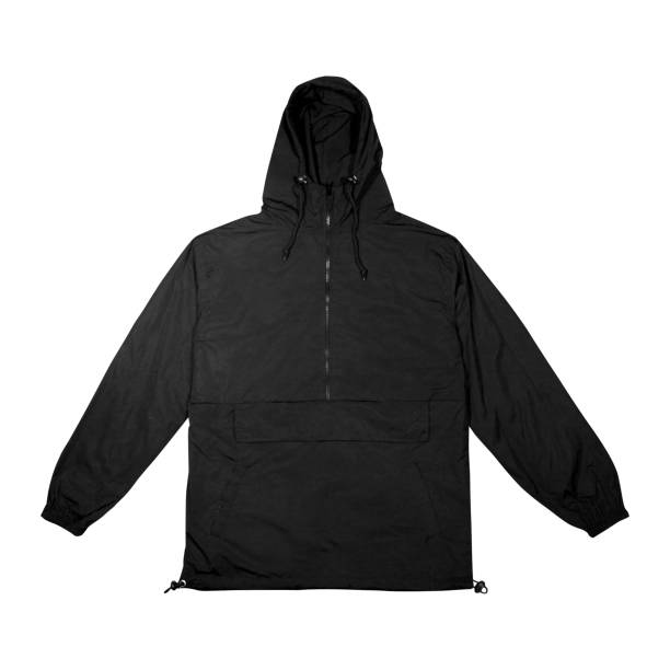 Blank plain windbreaker jacket, black cagoule, Ultra-Light Rainproof white background