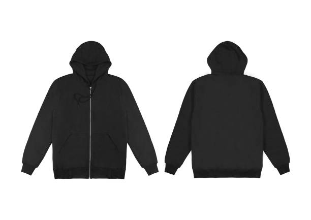 blank flat black zipper hoodie. hoodie sweatshirt with long sleeve flatlay mockup for design and print. hoody front and back top view isolated on white background - huvtröja bildbanksfoton och bilder