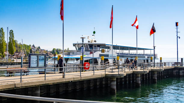 The electric ship MS Insel Mainau at the pier in the port of Unteruhldingen on Lake Constance.