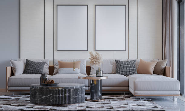 istock mock up poster frame in interior background, living room. 3D render, 3D illustration 2154766360