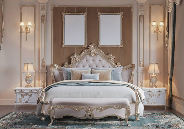 istock mock up poster frame in European style interior background, bed room. 3D render, 3D illustration 2154766362