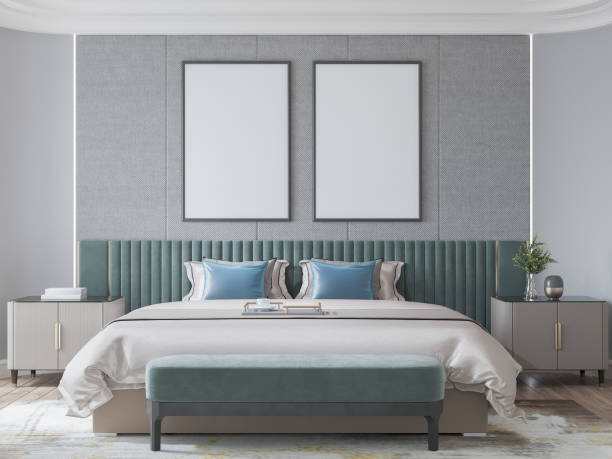 istock mock up poster frame in interior background, bed room. 3D render, 3D illustration 2154766371