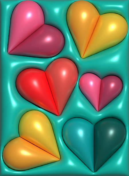 Multi-colored volumetric hearts on a green background, 3D rendering illustration