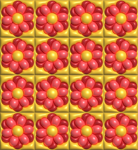 A repeating pattern consisting of repeating floral elements with red petals and yellow centers on a gold background. 3D rendering illustration