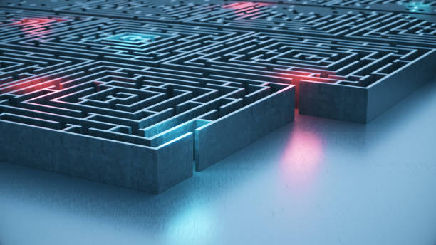 istock Rectangular stone maze surrounded by Blue and Red Neon Lights Stock Photo 2154778525
