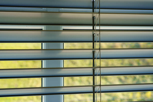 istock Workshop and office metal horizontal blinds line detail on background. 2154782171