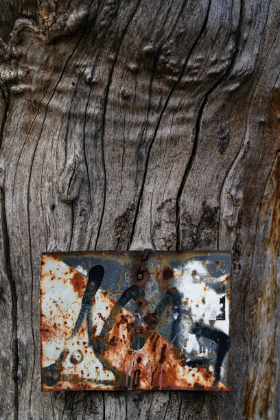 istock the old trunk of a tree with a rusty metal sign 2154784430
