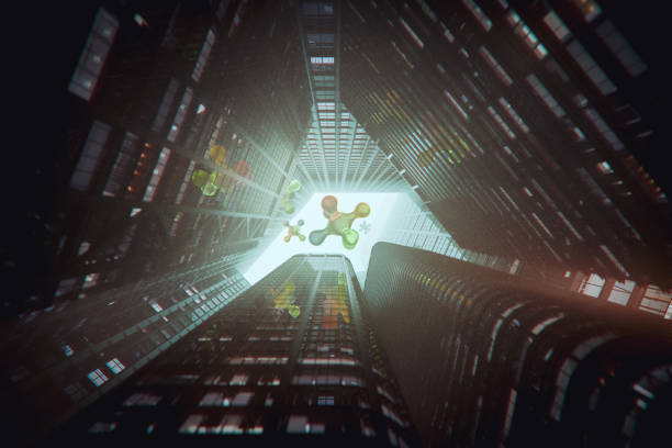 Tall office skyscrapers at night with flying UFOs. 3D generated image.