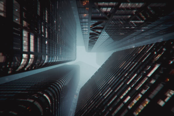 istock Tall office skyscrapers at night 2154784842
