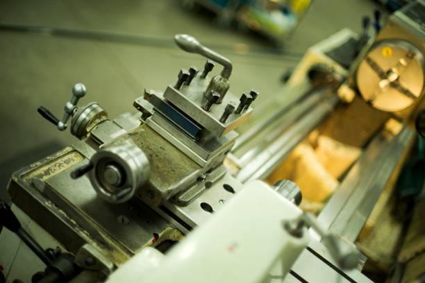istock Old metal lathe machine, retro machine background. 2154784885