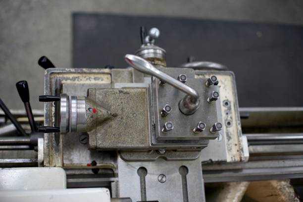 istock Old metal lathe machine, retro machine background. 2154784912