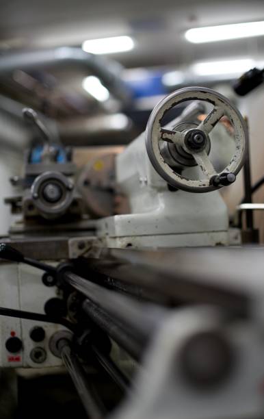istock Old metal lathe machine, retro machine background. 2154784936