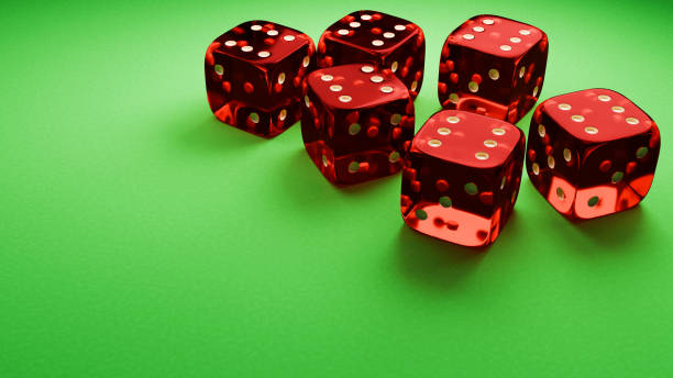 istock Gambling game banner. Six red dice on the green table. 3d render. 2154795337