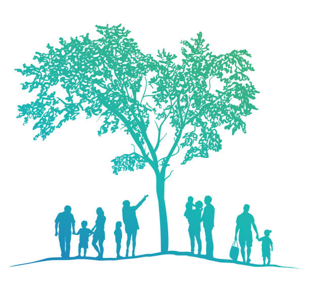 Nature Lovers Community Silhouettes Blue Silhouette illustration of families and community members gathered outside around a leafy tree in the park. children holding hands icon stock illustrations