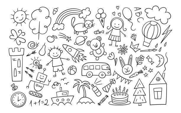 Children drawings set. Kid doodle elements. Boy, girl and robot. Sun in clouds, summer flowers, painted house and castle, cute cat and teddy bear. Line ship. Vector illustration on white background Children drawings set. Kid doodle elements. Boy, girl and robot. Sun in clouds, summer flowers, painted house and castle, cute cat and teddy bear. Line ship. Vector illustration on white background. house outside drawings stock illustrations