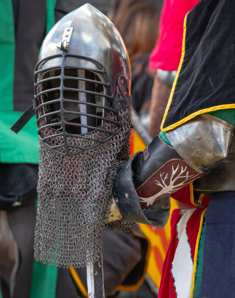 istock Elements of medieval iron knight armor for battle, helmet, spaulders, pouldrons 2154801594