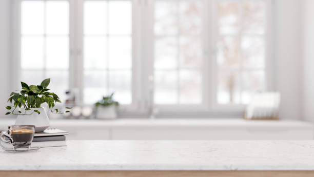 istock A space for displaying products on a white marble tabletop in a modern white living room. 2154805918