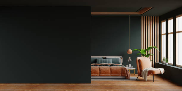 istock Mockup dark green wall in bedroom interior- 3D rendering 2154807091