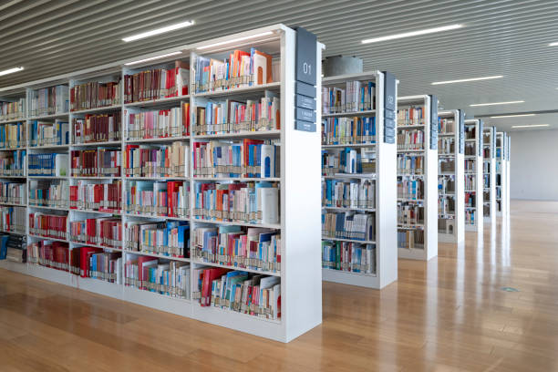 istock Rows of books on shelves in modern library 2154809080