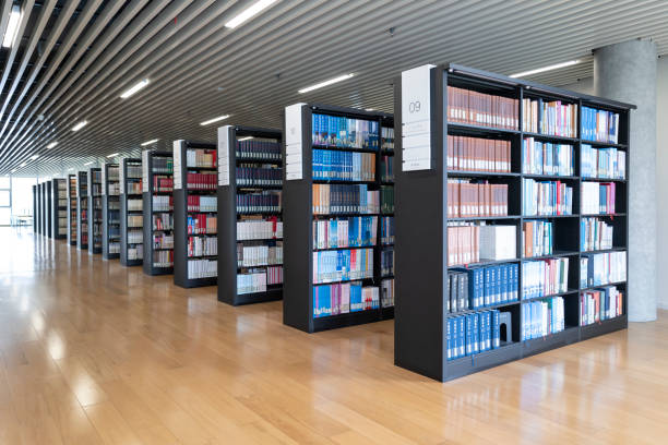 istock Rows of books on shelves in modern library 2154809083