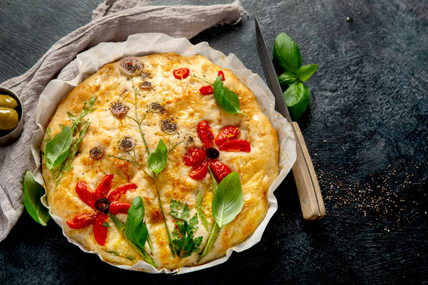 Focaccia art. Italian bread on dark background