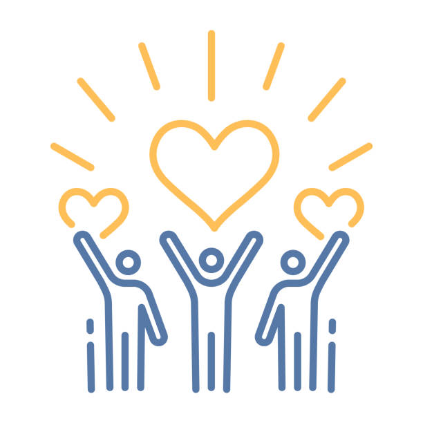 stockillustraties, clipart, cartoons en iconen met community support volunteers and charity work. vector thin line icon with raised arms volunteering crowd with hearts. positive foundation, business, service - liefdadigheidswerk
