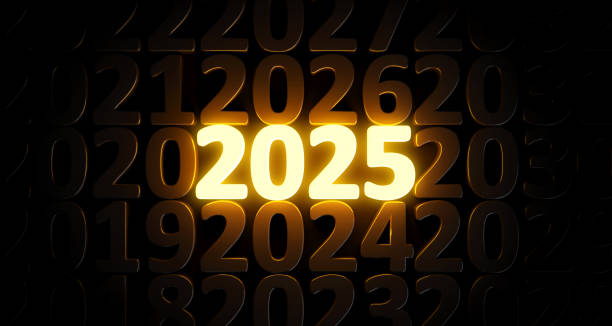 istock 2025 Year number with bright golden neon light on black background 2154811608