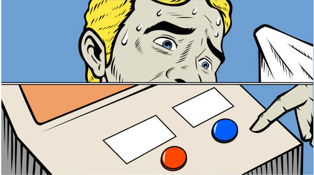Vector Retro Pop Art Sweating Man Choosing Button Meme Stock Illustration A retro pop art style vector illustration of a man in sweat, while panicked, choosing a button to push, red or blue. Put your text on the label available. Perfect for a meme. sweating cartoons stock illustrations