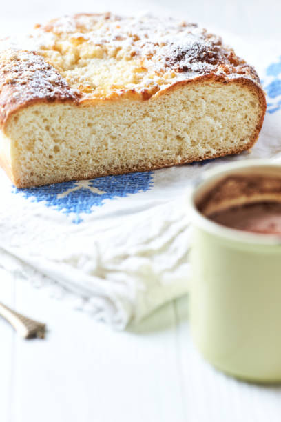 istock Simple yeast cake on bright background. Close up. 2154816580