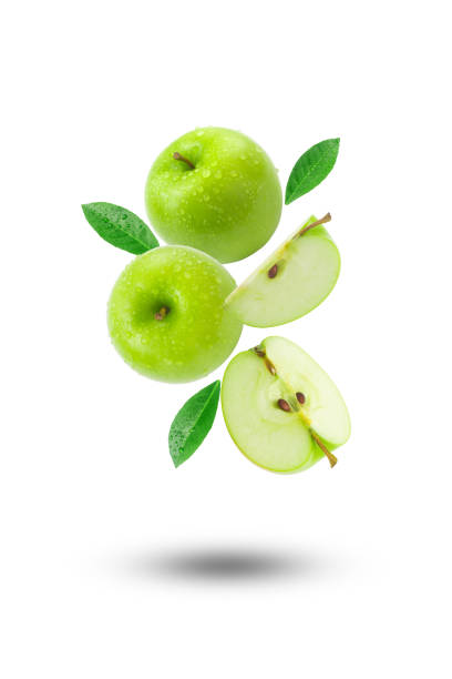 istock Flying group green apple with slices and green leaf isolated. 2154816804