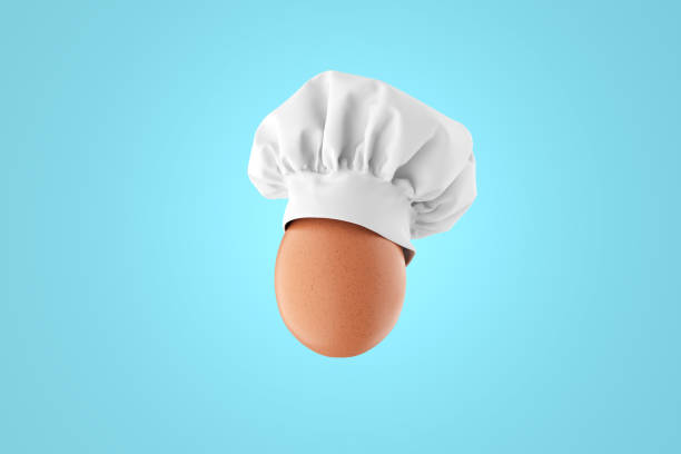 Chicken egg with a chef hat on pastel blue background. Minimalistic food cooking concept. 3D render.