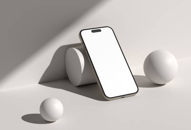 istock Blank screen smart phone mockup, template with geometric objects on gray background. 2154818298