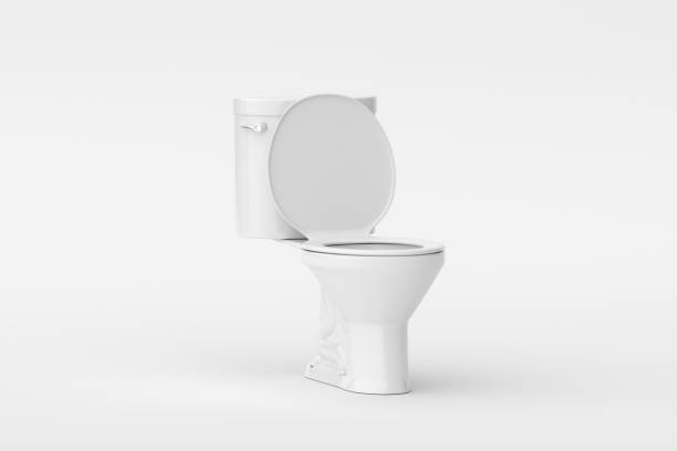 istock White ceramic toilet bowl with open lid isolated on white background. 2154818326