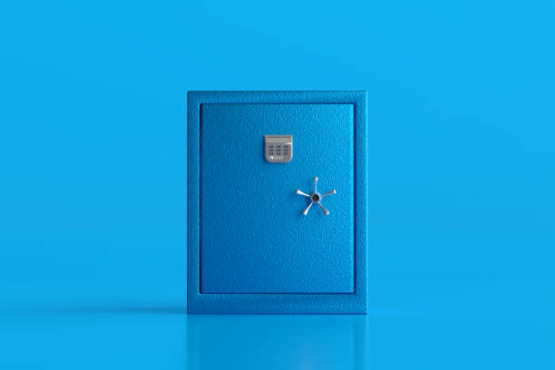 Blue metal safe with a combination lock on blue background.