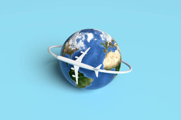 istock Model commercial airplane flying around the globe. 2154818357
