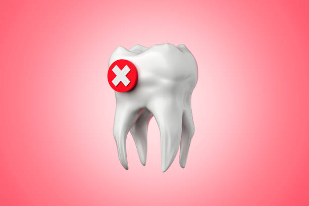 White molar tooth with a cross symbol on pink background. Dental care problems and tooth decay concept. 3D render.