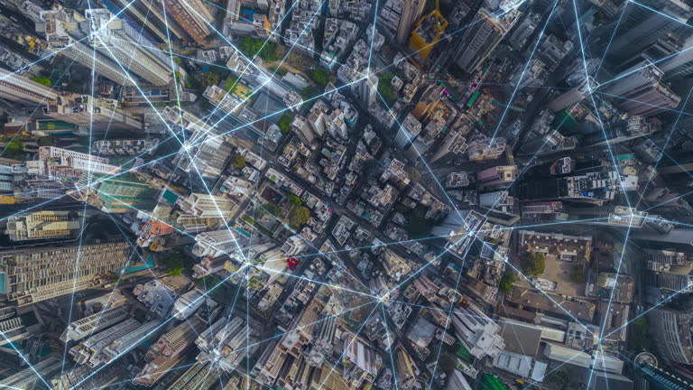Hyperlapse top view smart city wireless network signal data transmission high speed and connection of Hong Kong business district