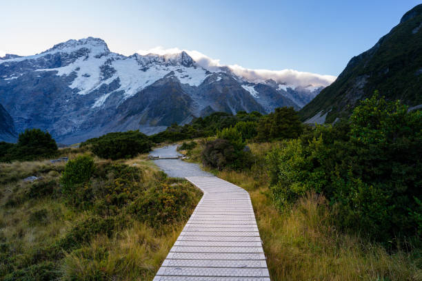 istock Mount Cook valley trail track with cloudy mountain range 2154821564