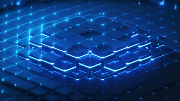 istock Grid of glass squares and blue lights 3D render 2154821715