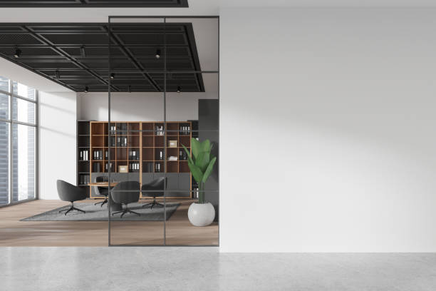 istock Office conference room interior with table and armchairs, window. Mock up wall 2154828509