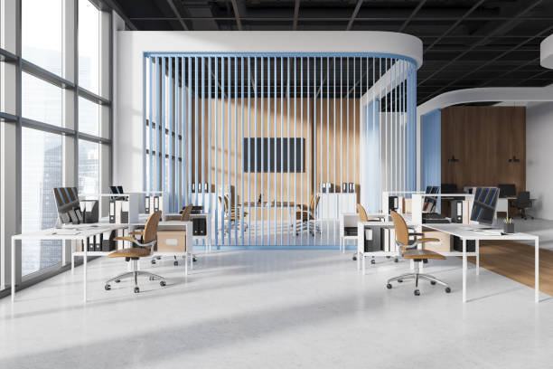 istock Office interior with coworking and glass conference room, panoramic window 2154828558