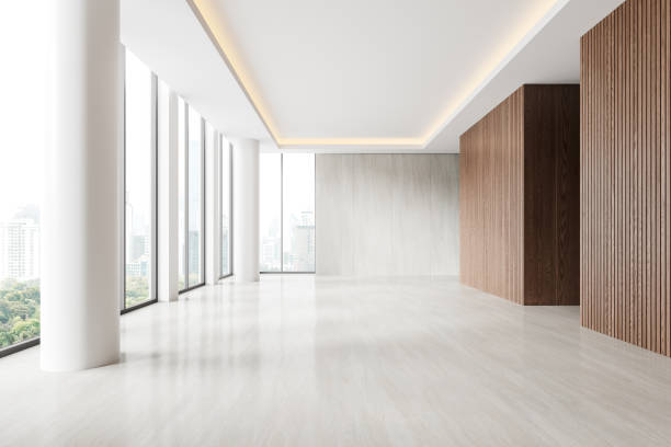 istock Modern empty living room interior and panoramic window on skyscrapers 2154828741