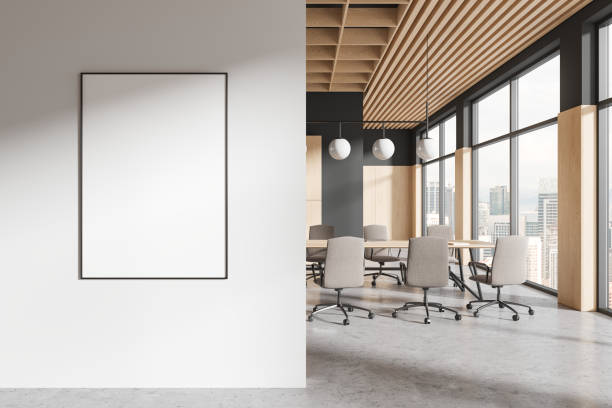 istock Office meeting room interior with table and panoramic window. Mock up frame 2154829060