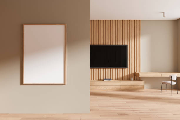 istock Modern home living room interior beauty table and tv screen, mockup frame 2154829138