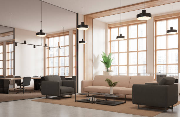 istock White office waiting room corner with couch and mirror 2154829419
