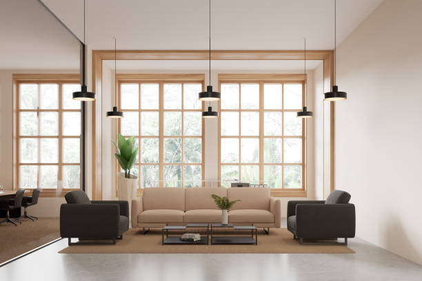 istock White office waiting room interior with couch and mirror 2154829492
