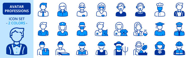 Icons in two colors about avatar professions. Icons in two colors about avatar professions. Contains such icons as businessman, police, chef, telemarketer, shopkeeper, waiter, doctor and veterinary. Editable stroke. 999 call center stock illustrations
