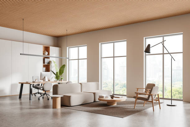 istock Elegant office interior with ceo desk and chill zone near panoramic window 2154829811