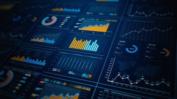 data analytics dashboard display. business and financial investment. hud infographic of financial. information reports of business strategy for investment. 3d rendering - data stockfoto's en -beelden