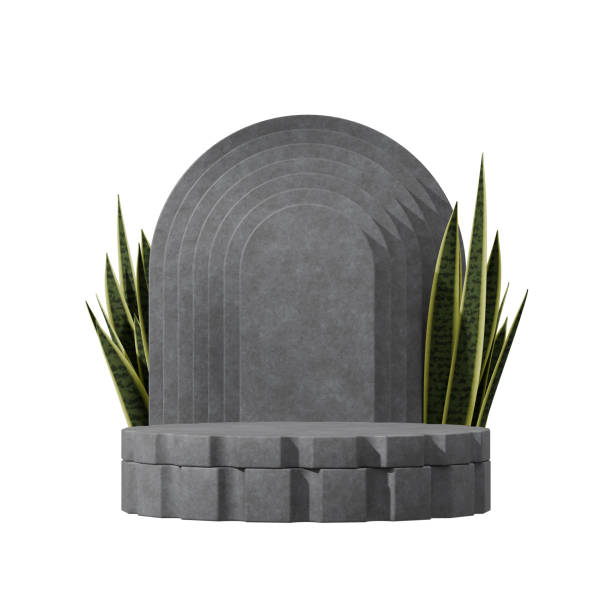 istock 3d render image transparent background of gray concrete textured podium in square with arch backdrop 2154832683